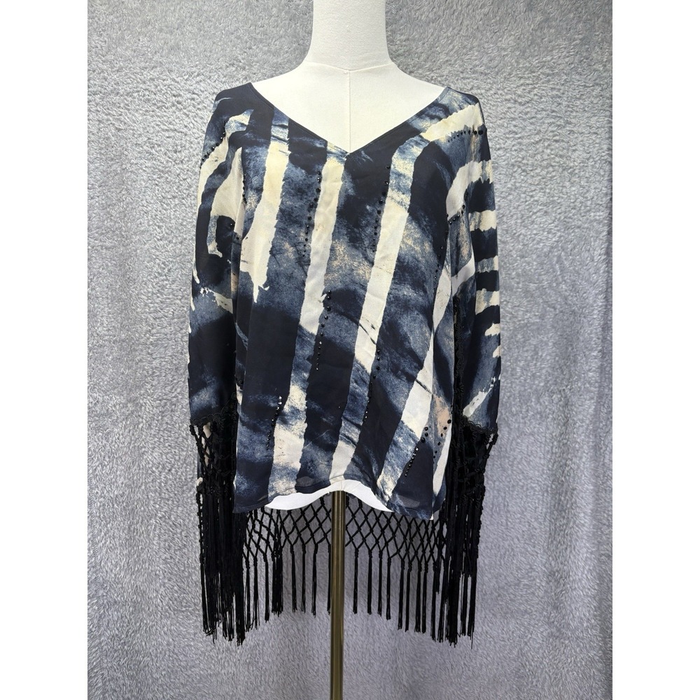 Alberto Makali Medium Animal Print Fringe Poncho Top Art to Wear Boho NWT